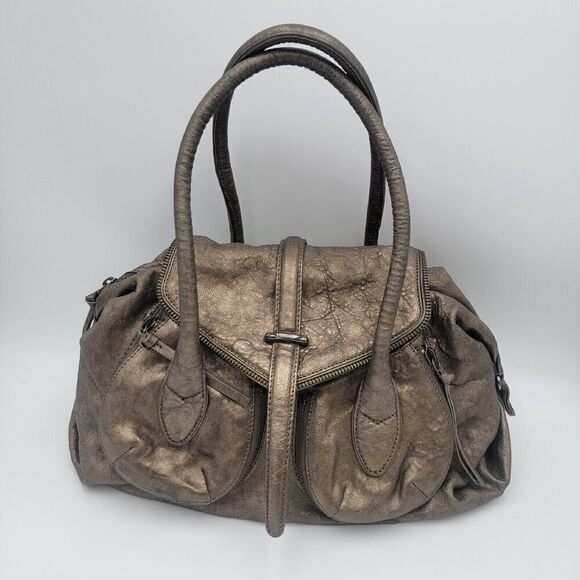 Botkier Pebbled LTR Metallic Pewter LTR Satchel Zipper Shoulder Bag Purse - Picture 1 of 16